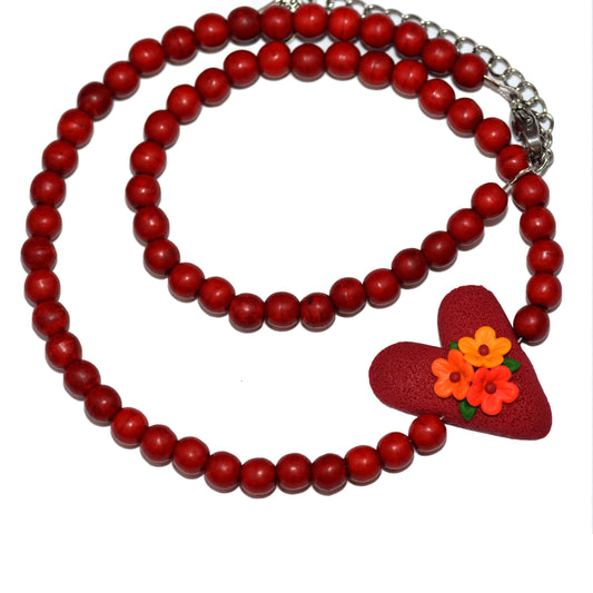 Κολιέ μπορντό καρδιά με λουλουδάκια και πέτρες χαολίτη