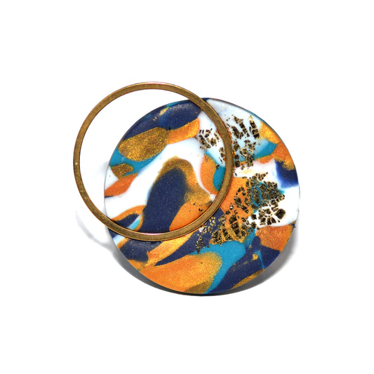 Στρογγυλό δαχτυλίδι μπλε χρυσό μαρμαρωτό από πολυμερικό πηλό και ατσάλινο στοιχείο