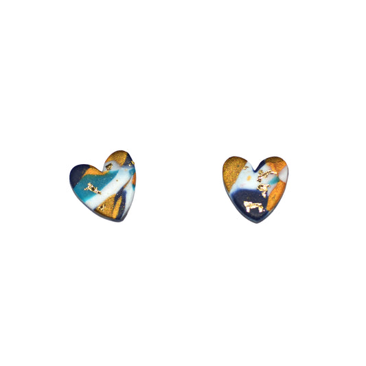 Καρφωτά σκουλαρίκια καρδιές μπλε χρυσό μαρμαρωτό από πολυμερικό πηλό