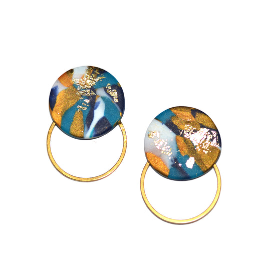 Καρφωτά σκουλαρίκια στρογγυλά μπλε χρυσό με ατσάλινα στοιχεία