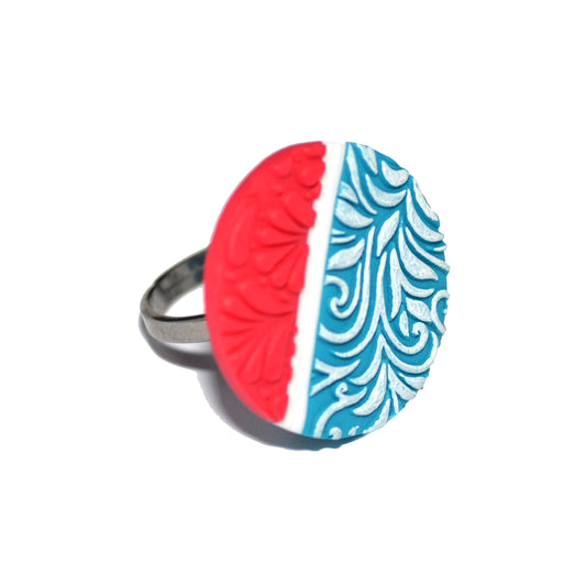 Δαχτυλίδι στρογγυλό τυρκουάζ κοραλλί λευκό από πολυμερικό πηλό με ατσάλινη βάση