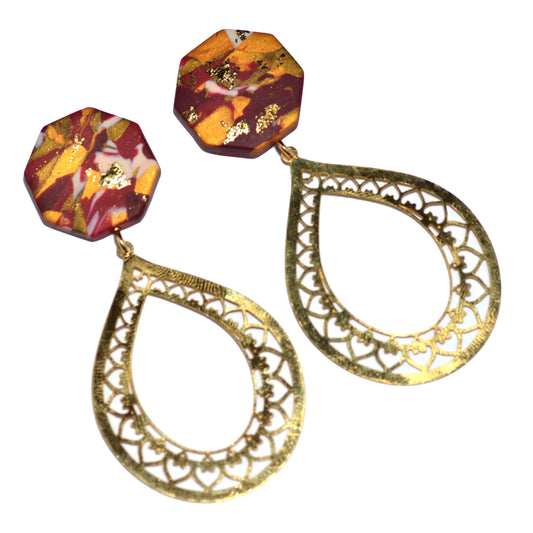 Κρεμαστά σκουλαρίκια μπορντό χρυσό με επιχρυσωμένα ατσάλινα στοιχεία