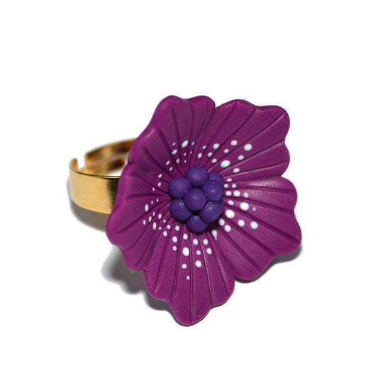 Δαχτυλίδι λουλούδι μωβ από πολυμερικό πηλό με ατσάλινη βάση