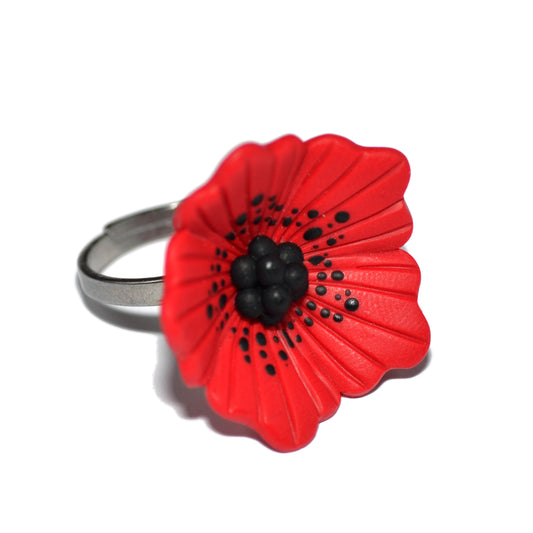 Δαχτυλίδι λουλούδι κόκκινο από πολυμερικό πηλό με ατσάλινη βάση