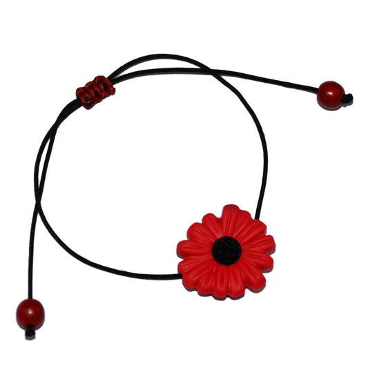 Βραχιόλι μαργαρίτα λουλούδι κόκκινο από πολυμερικό πηλό με μαύρο κορδόνι