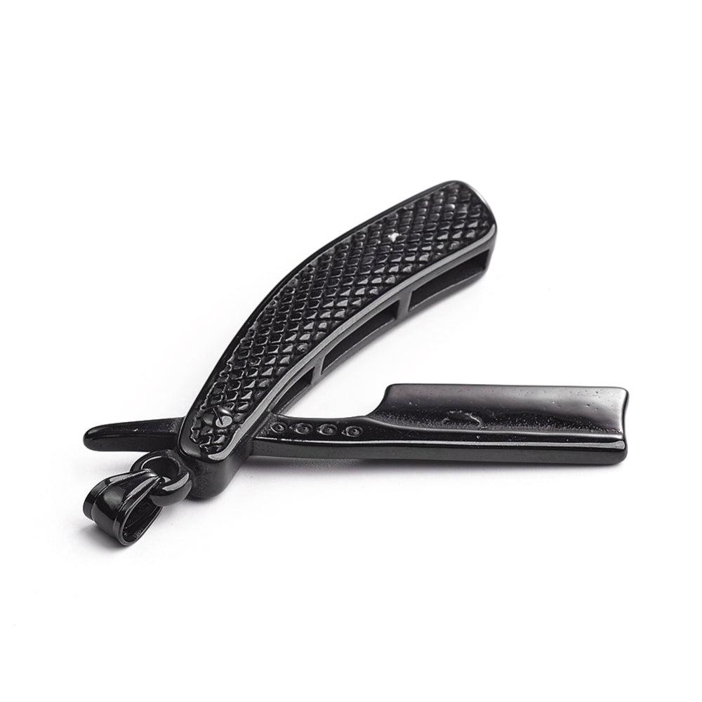 Μαύρο μεγάλο μακρύ μενταγιόν φαλτσέτα του κουρέα από ανοξείδωτο ατσάλι - δώρο για κομμωτή