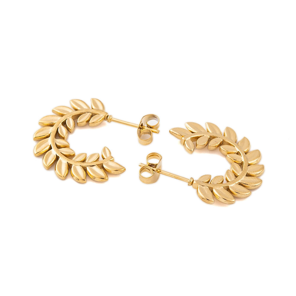 Καρφωτά σκουλαρίκια κρίκοι με φύλλα από επιχρυσωμένο ανοξείδωτο ατσάλι