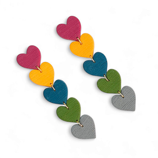 Σκουλαρίκια μακριά κρεμαστά καρδιές σε φθινοπωρινά χρώματα από πολυμερικό πηλό