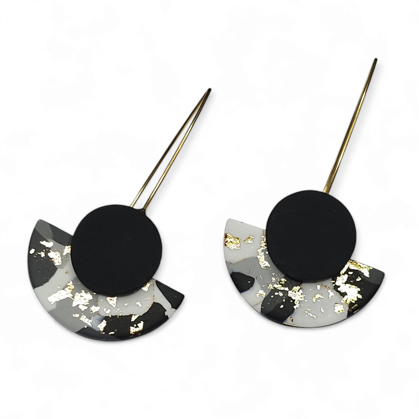 Σκουλαρίκια κρεμαστά ημικύκλια σε γκρι χρυσό μαρμαρωτό μοτίβο από πολυμερικό πηλό