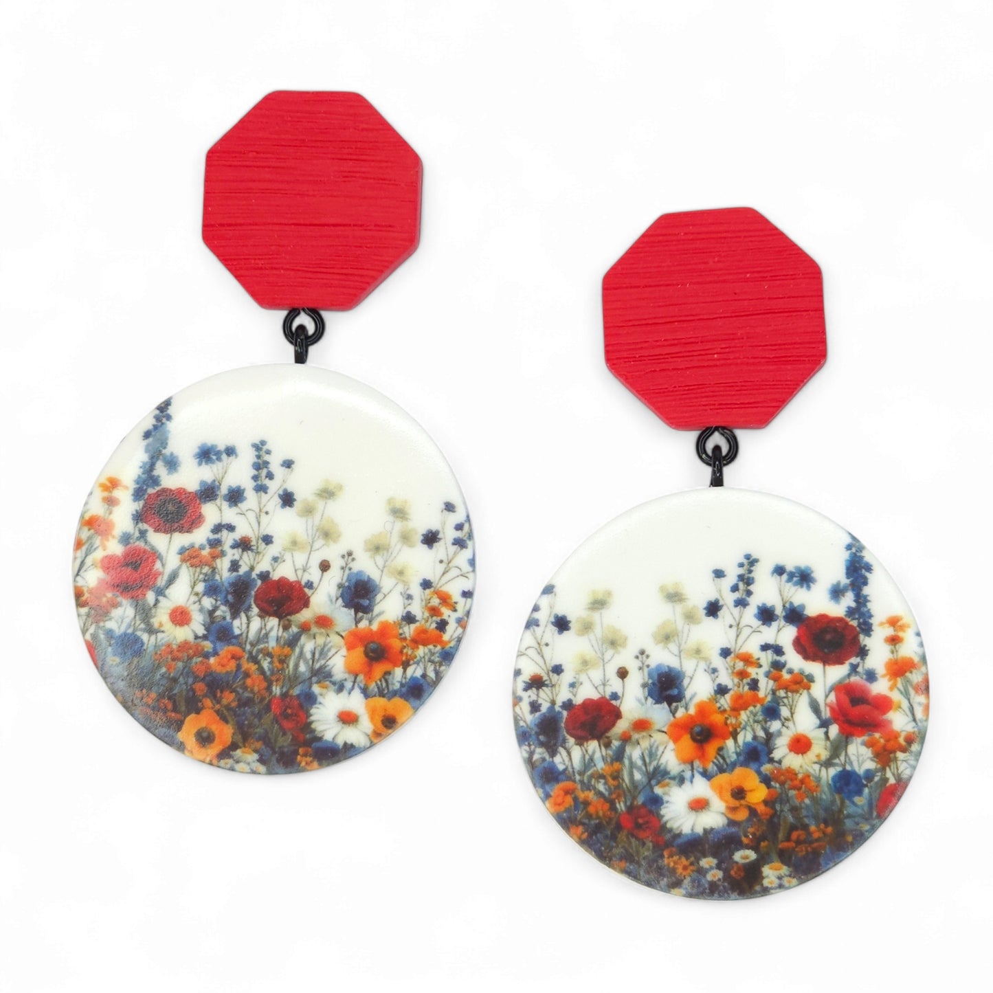 Μεγάλα κρεμαστά σκουλαρίκια με μοτίβο λουλούδια του αγρού από πολυμερικό πηλό