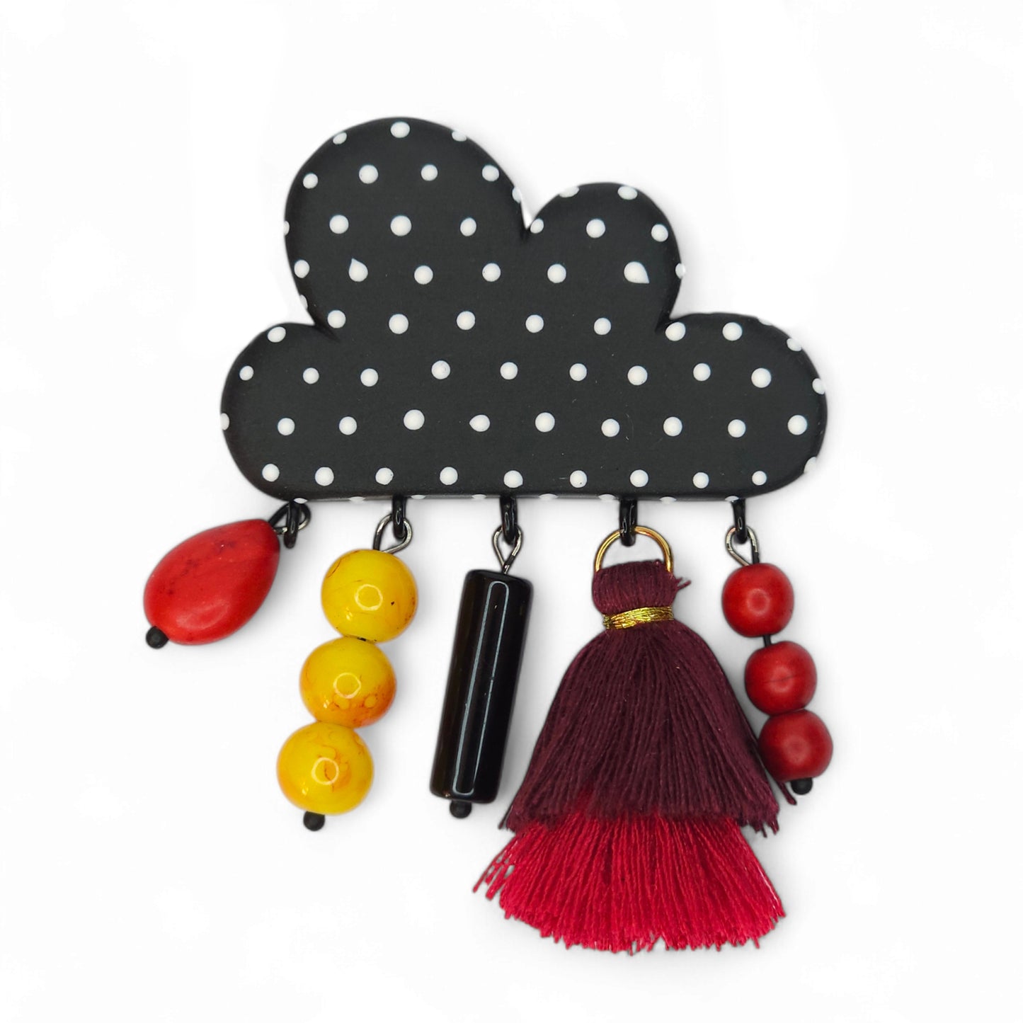 Ρομαντική μεγάλη καρφίτσα μαύρο πουά σύννεφο από πολυμερικό πηλό με διάφορες κρεμαστές πέτρες