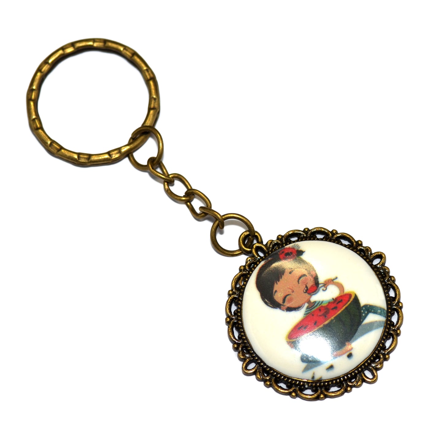 Καλοκαιρινό μπρονζέ μπρελόκ κοπέλα που τρώει καρπούζι σε λευκό φόντο από πολυμερικό πηλό