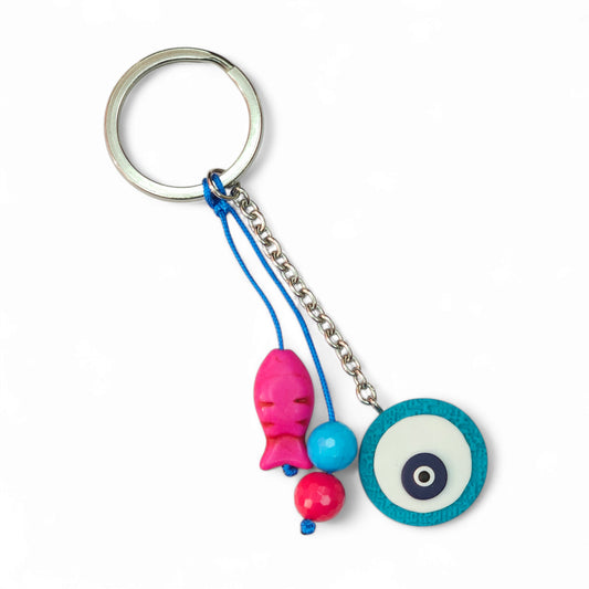 Ατσάλινο μπρελόκ με τυρκουάζ μάτι από πολυμερικό πηλό