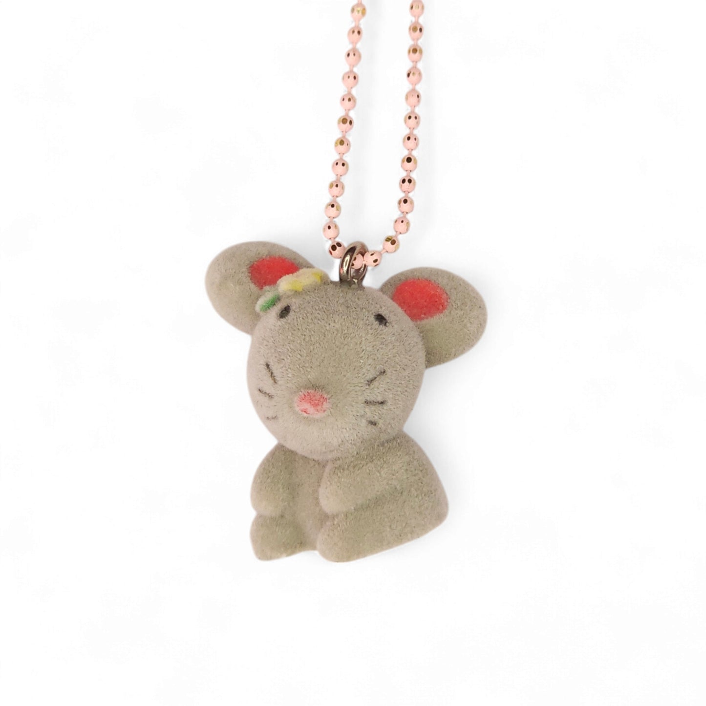 Μακρύ κολιέ γκρι χνουδωτό ποντικάκι με ροζ αλυσίδα