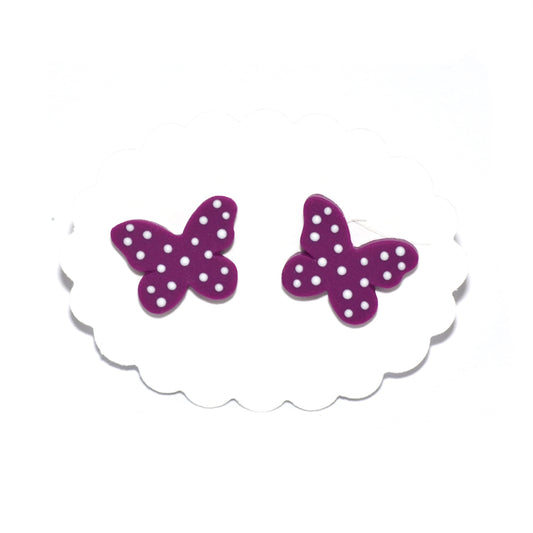 Σκουλαρίκια καρφωτά μωβ πεταλούδες με λευκό πουά