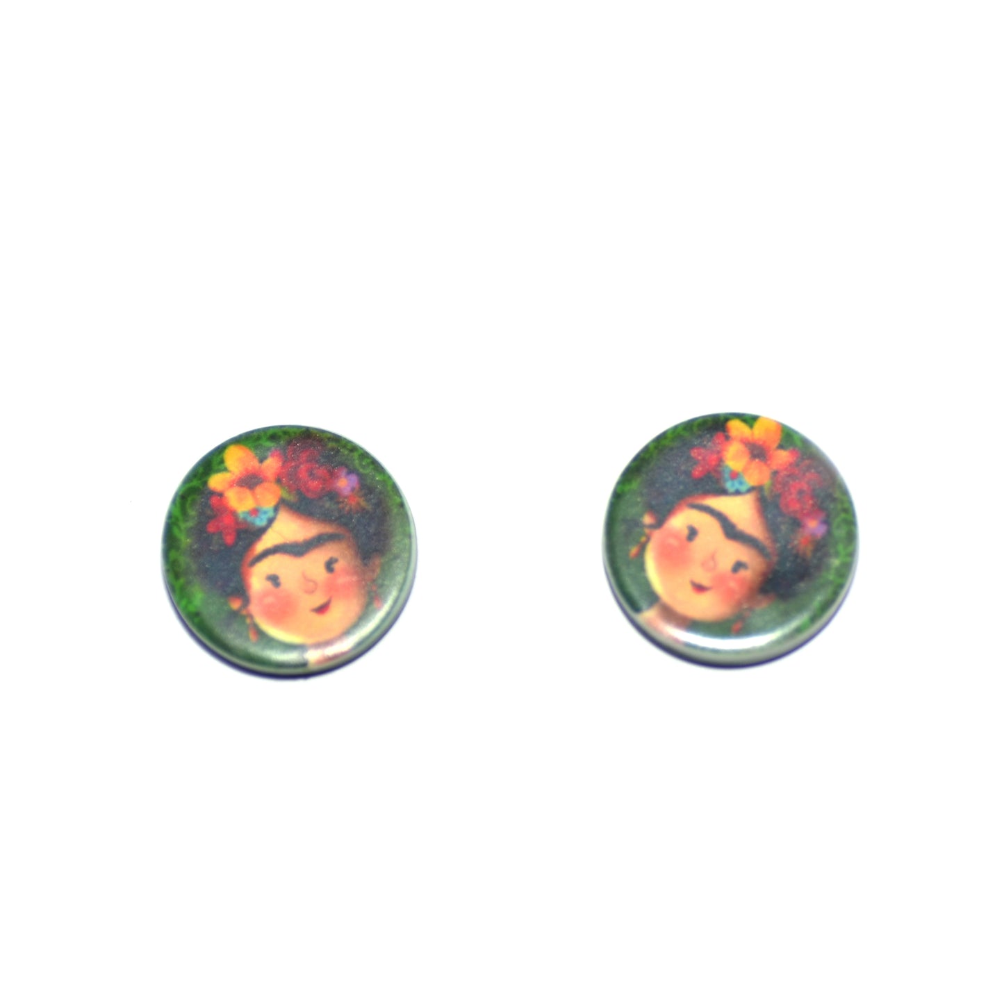 Καρφωτά στρογγυλά σκουλαρίκια με τη Φρίντα σε πράσινο φόντο με πολυμερικό πηλό