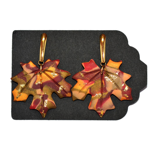 Κομψά κρεμαστά σκουλαρίκια φύλλα σε μπορντό χρυσό