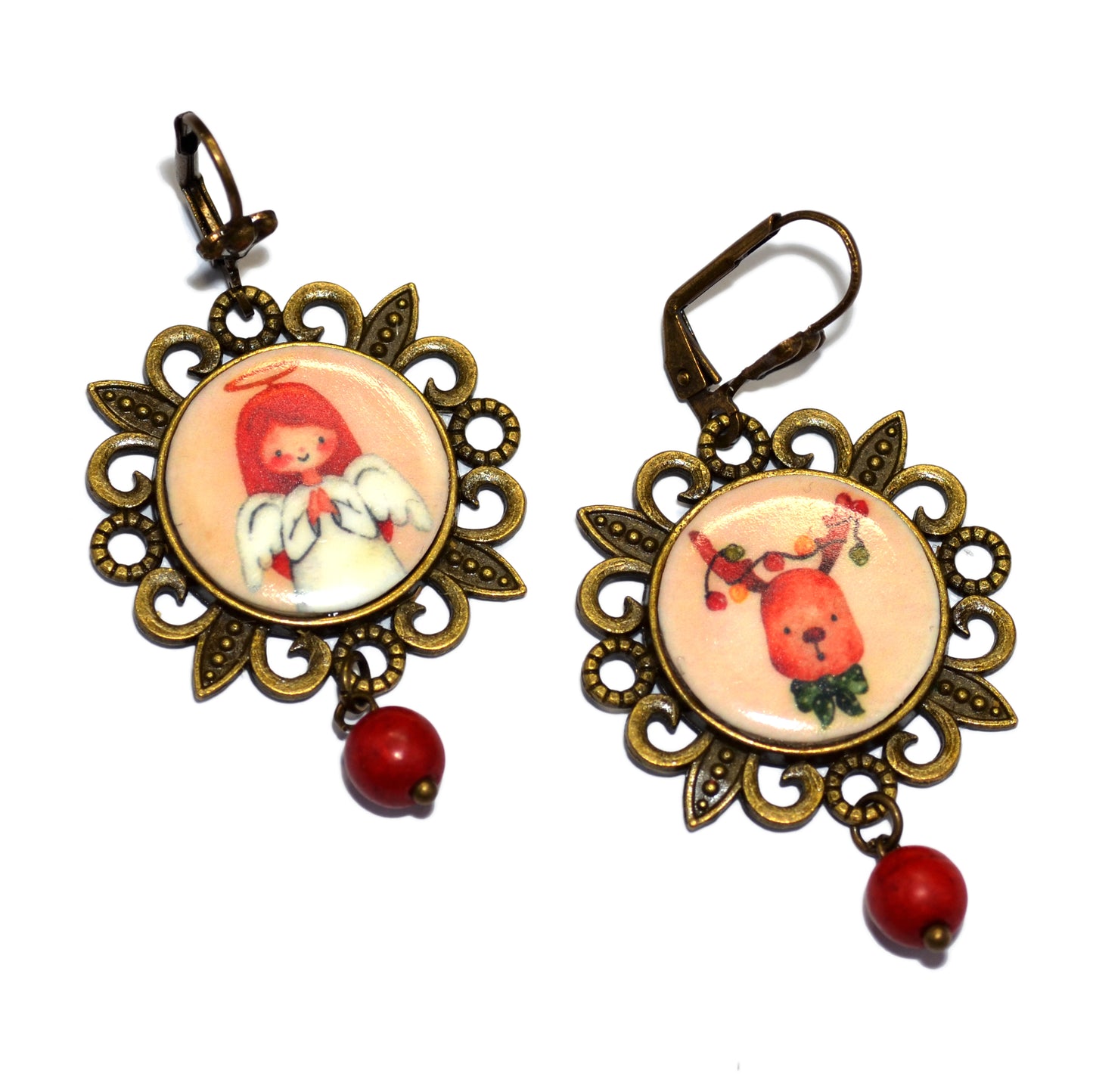 Ανόμοια σκουλαρίκια κρεμαστά χριστουγεννιάτικα αγγελάκι ελαφάκι σε βίνταζ μπρονζέ στρογγυλές βάσεις