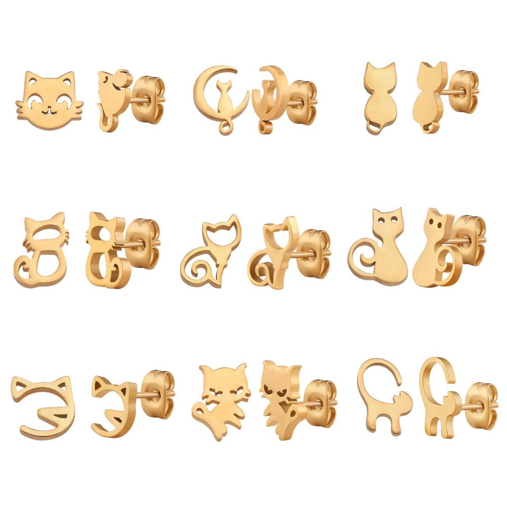 9 διαφορετικά ζευγάρια σκουλαρίκια μαζί γατάκια από επιχρυσωμένο ανοξείδωτο ατσάλι
