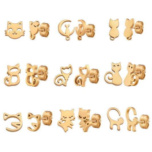 9 διαφορετικά ζευγάρια σκουλαρίκια μαζί γατάκια από επιχρυσωμένο ανοξείδωτο ατσάλι