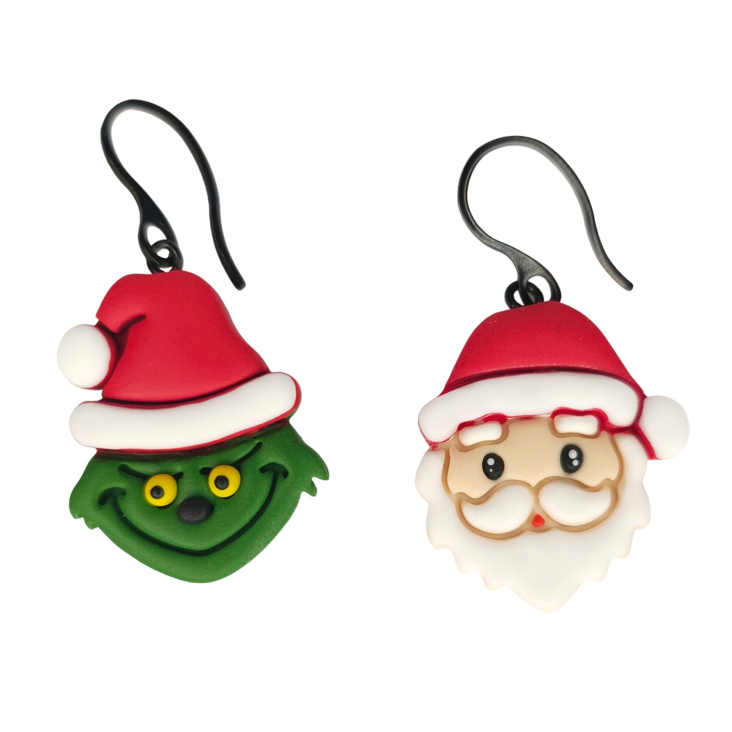 Άι Βασίλης και Grinch (Γκριντς) Χριστουγεννιάτικα κρεμαστά ανόμοια σκουλαρίκια από πολυμερικό πηλό
