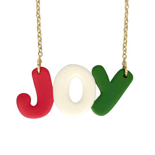 Κολιέ JOY (χαρά) σε χριστουγεννιάτικα χρώματα από πολυμερικό πηλό με ατσάλινη αλυσίδα