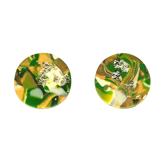 Καρφωτά σκουλαρίκια στρογγυλά πράσινο χρυσό μαρμαρωτό από πολυμερικό πηλό