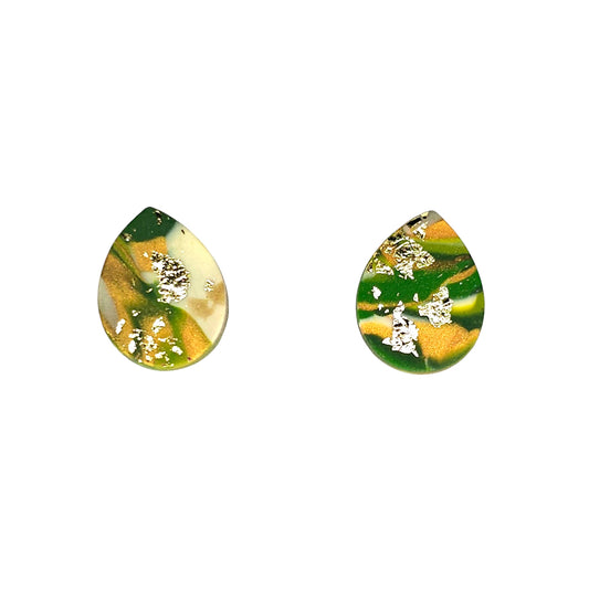 Καρφωτά σκουλαρίκια δάκρυα πράσινο χρυσό μαρμαρωτό από πολυμερικό πηλό