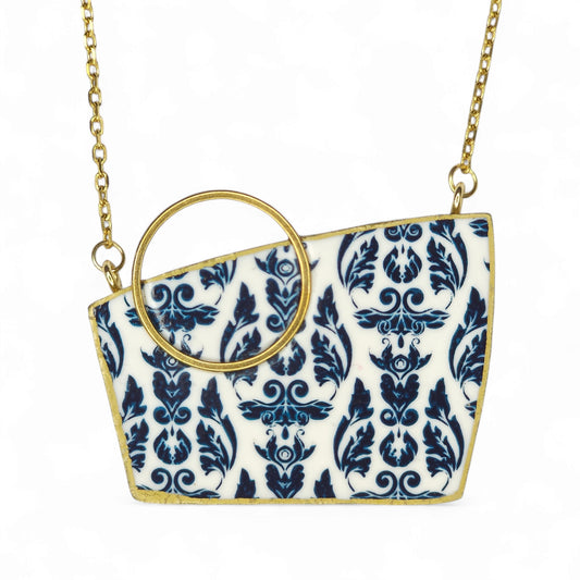 Μακρύ γεωμετρικό κολιέ της σειράς Blue Baroque με μπλε μεταξοτυπία σε πολυμερικό πηλό