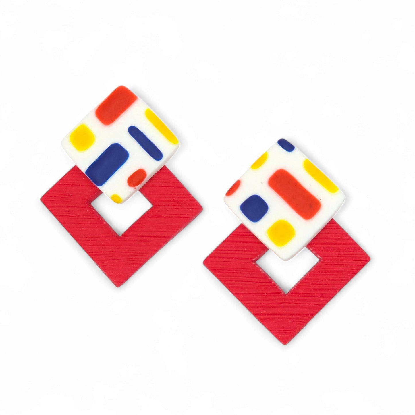 Σκουλαρίκια καρφωτά τετραγωνάκια με μοτίβο Mondrian από πολυμερικό πηλό