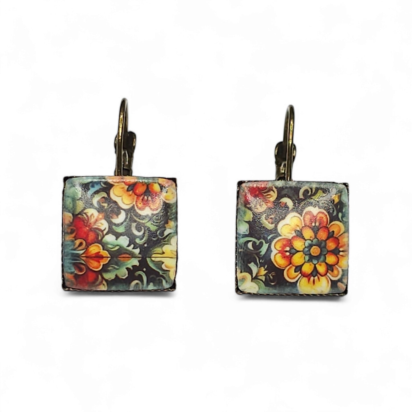 Μικρά κρεμαστά τετράγωνα σκουλαρίκια με μοτίβο πράσινα Μαροκινά πλακάκια από πολυμερικό πηλό