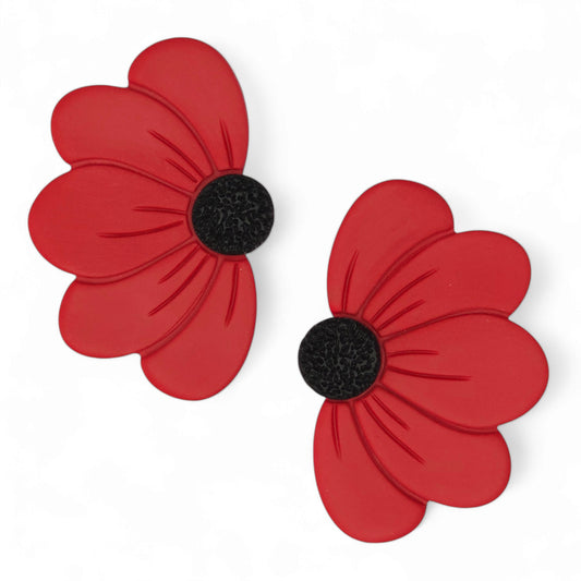 Μεγάλα καρφωτά σκουλαρίκια κόκκινα λουλούδια μαργαρίτες από πολυμερικό πηλό
