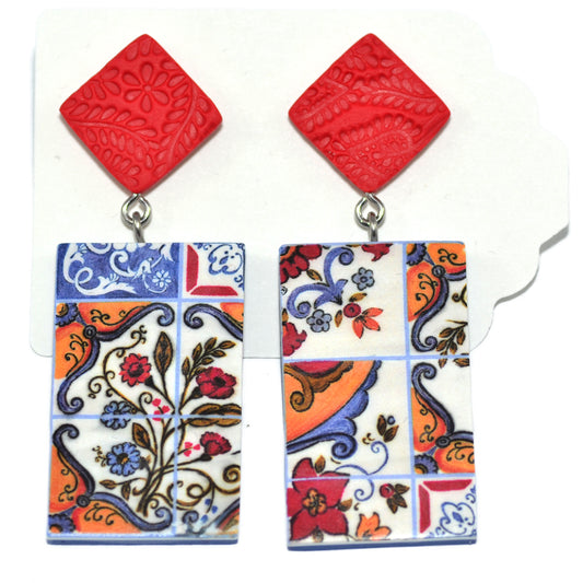 Κρεμαστά κόκκινα σκουλαρίκια folk art tiles